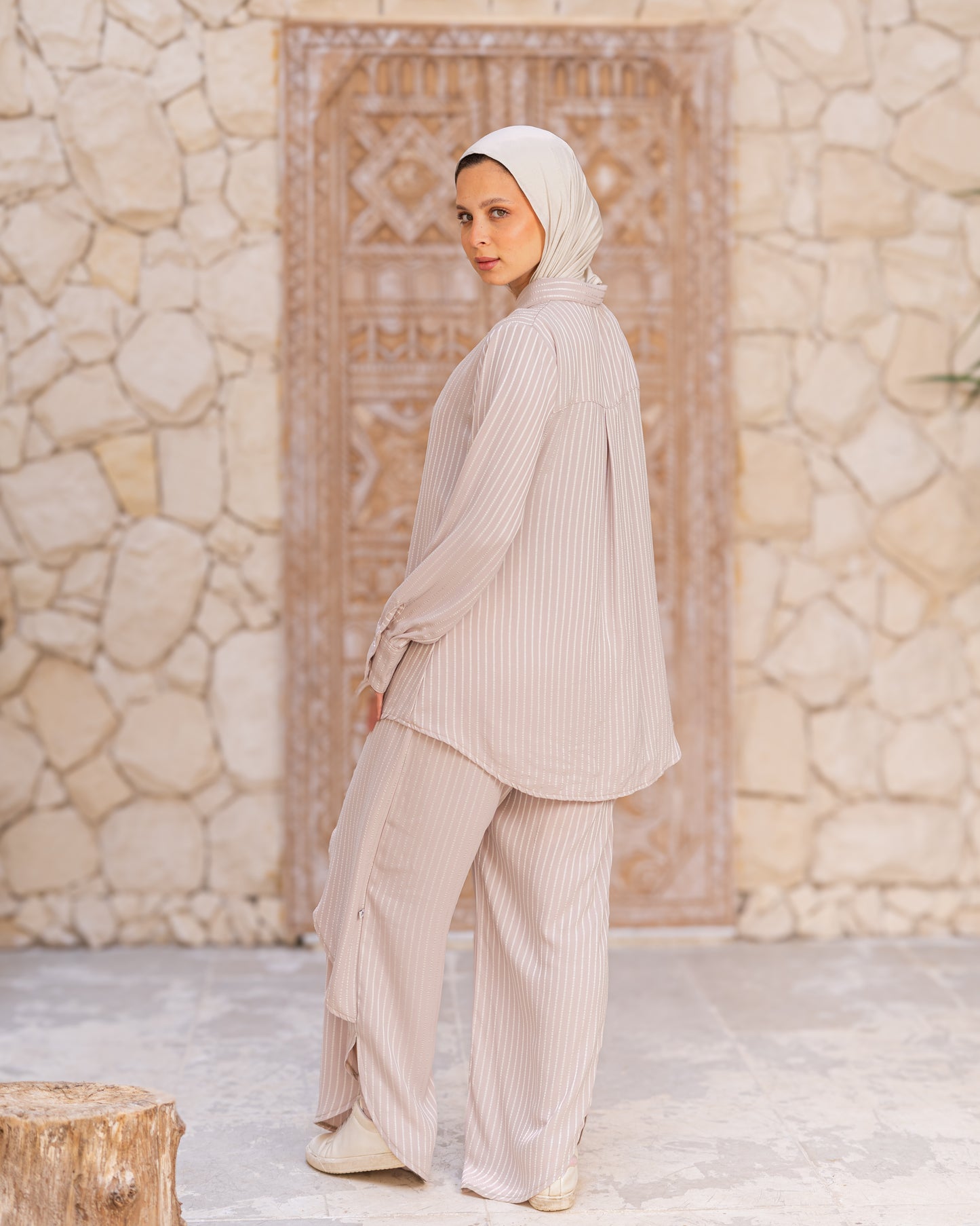 Striped Flowy Set in Beige