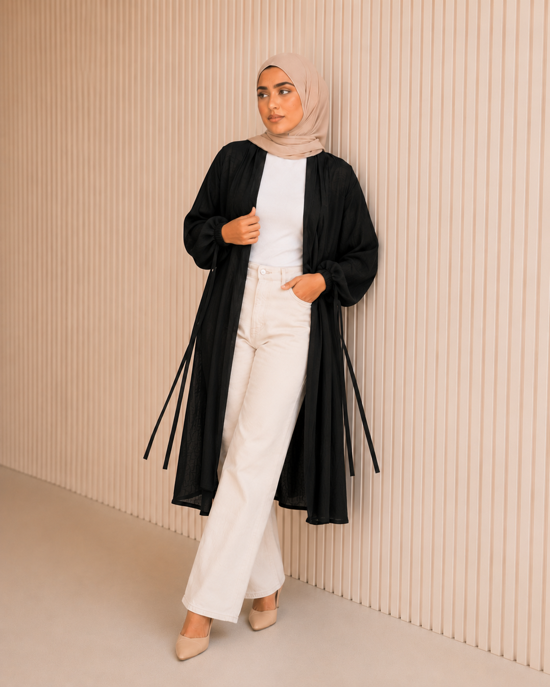 Linen Strips Cardigan in Black