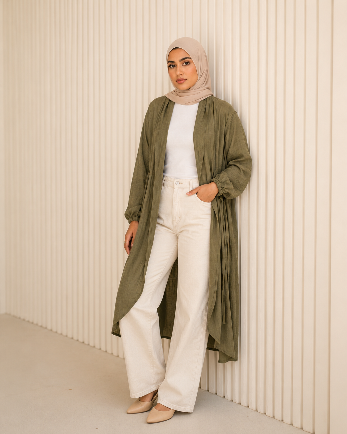 Linen Strips Cardigan in Olive