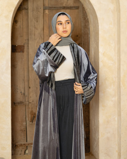 Striped Velvet Open Abaya