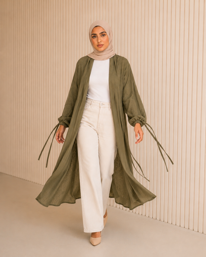 Linen Strips Cardigan in Olive