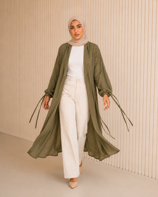 Linen Strips Cardigan in Olive