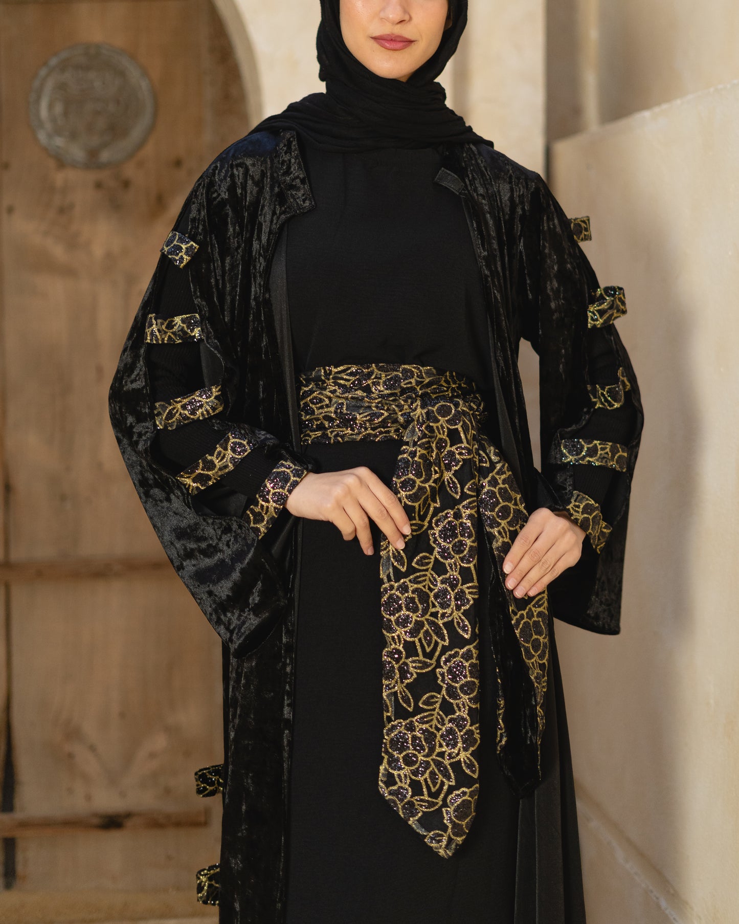 Black Velvet Abaya with Gold Lace Belt