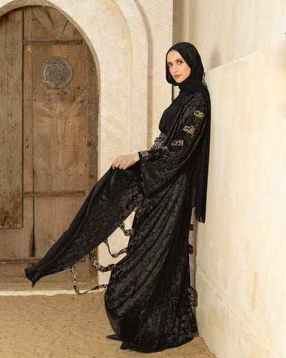 Black Velvet Abaya with Gold Lace Belt