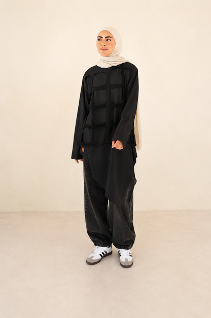 Grid Cotton Top in Black
