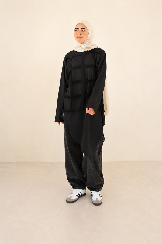 Grid Cotton Top in Black