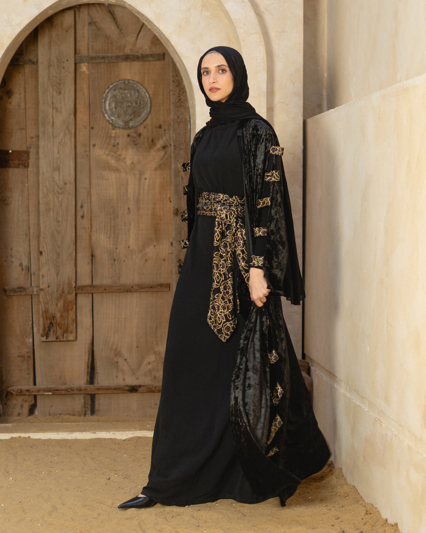 Black Velvet Abaya with Gold Lace Belt