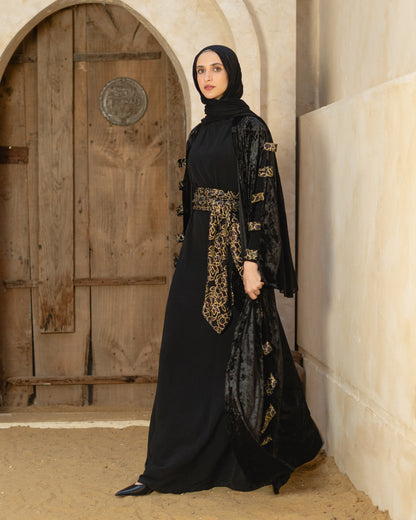 Black Velvet Abaya with Gold Lace Belt