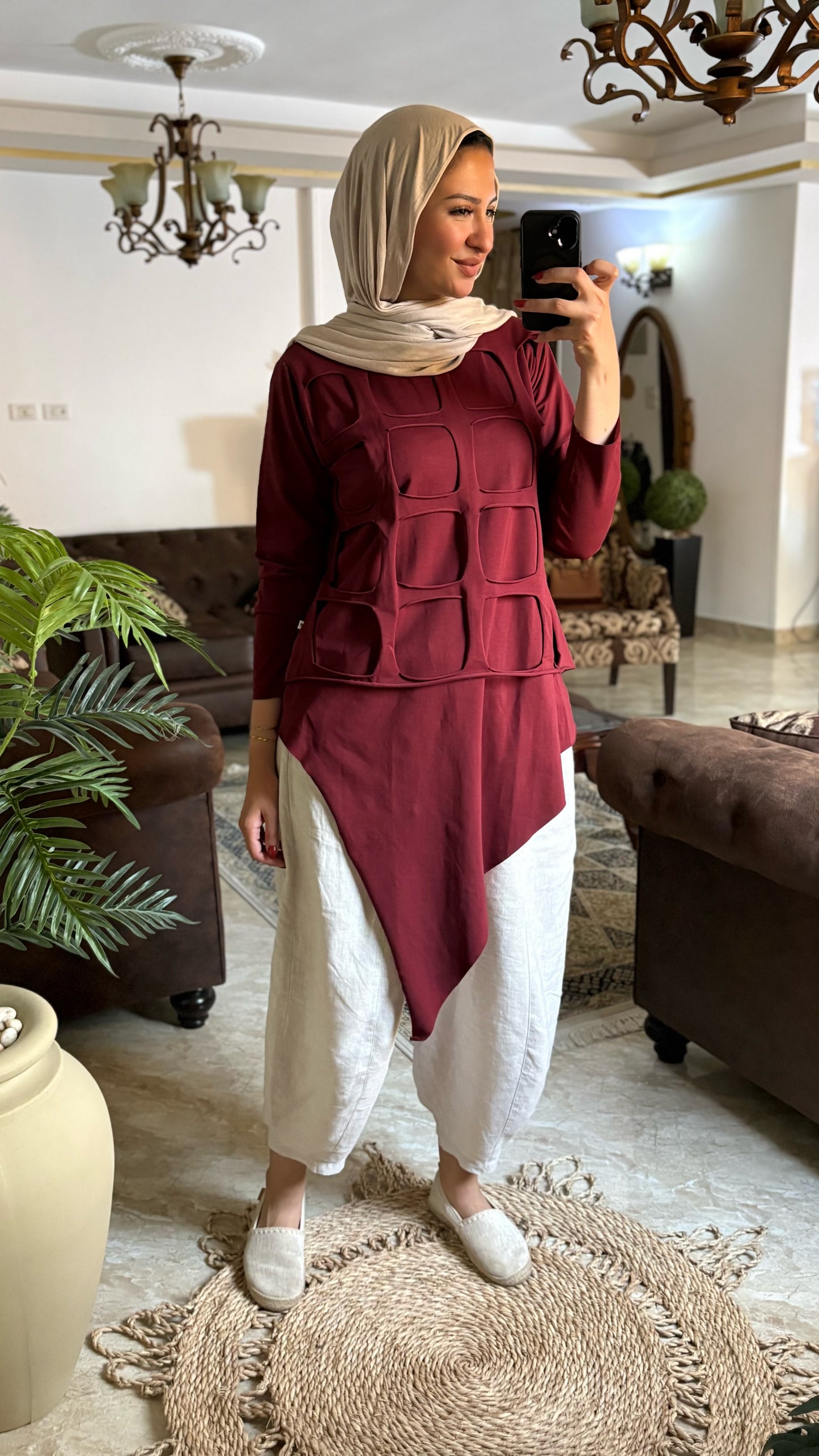 Grid Cotton Top in Burgundy
