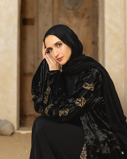 Black Velvet Abaya with Gold Lace Belt