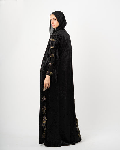 Black Velvet Abaya with Gold Lace Belt