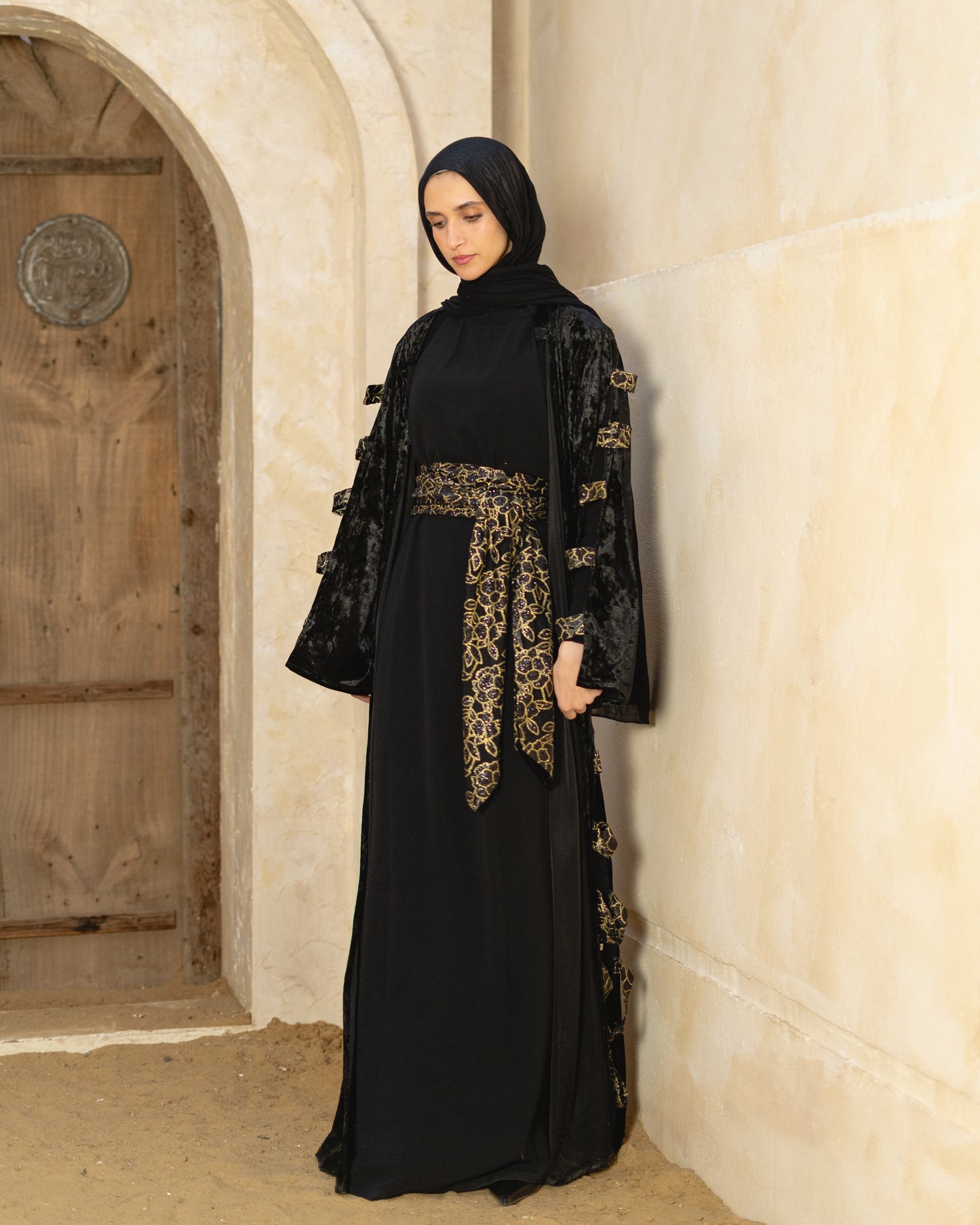 Black Velvet Abaya with Gold Lace Belt
