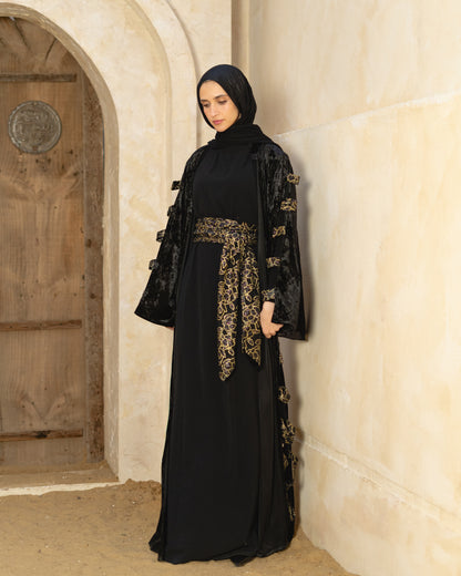 Black Velvet Abaya with Gold Lace Belt
