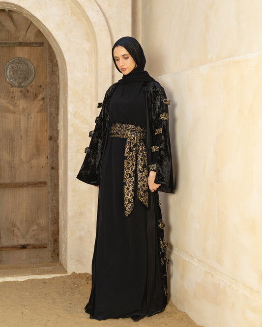 Black Velvet Abaya with Gold Lace Belt
