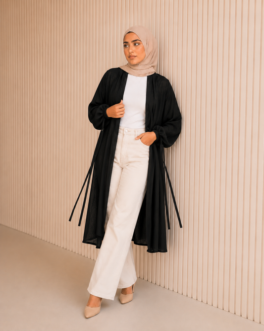 Linen Strips Cardigan in Black