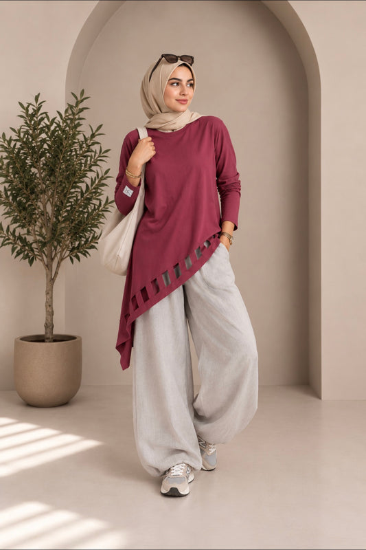 Cut-out Cotton Top in washed Burgundy