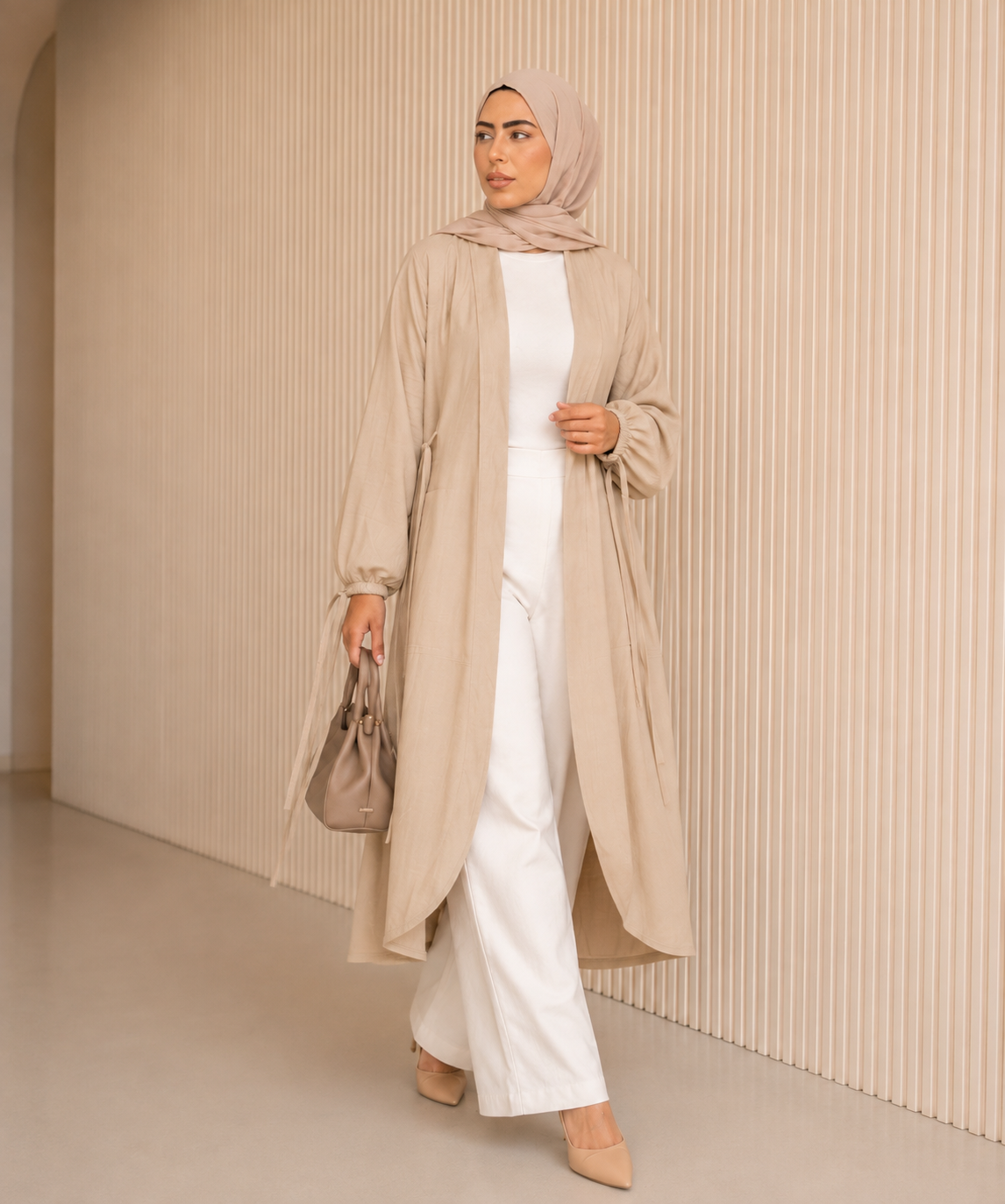 Linen strips Cardigan in Beige