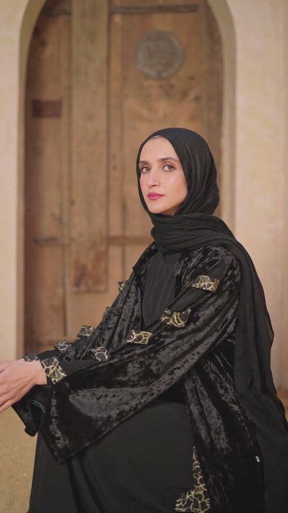 Black Velvet Abaya with Gold Lace Belt